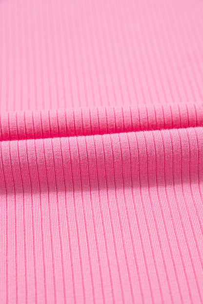 Strawberry Pink Ruffled Pleated Mesh Sleeve Ribbed Knit Slim Fit T Shirt