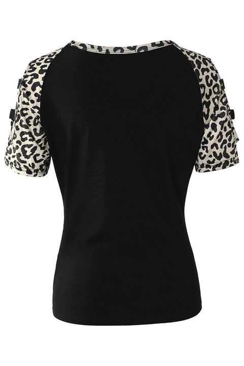 Leopard Color Block Cut Out Short Sleeve Top