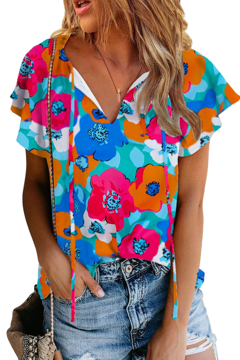 Blusa con cuello en V y manga 3/4 con estampado floral multicolor 