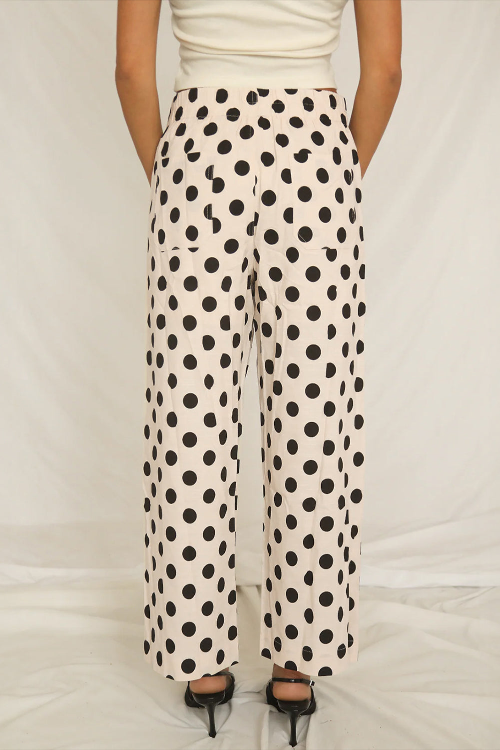 White Polka Dot Print Patched Pocket Loose Pants
