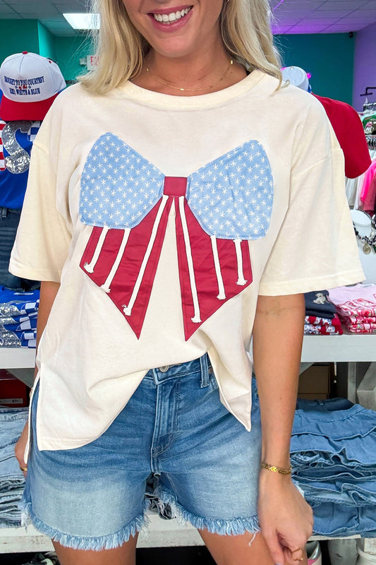 White Loose Knit Vintage Flag Bow Patched T Shirt