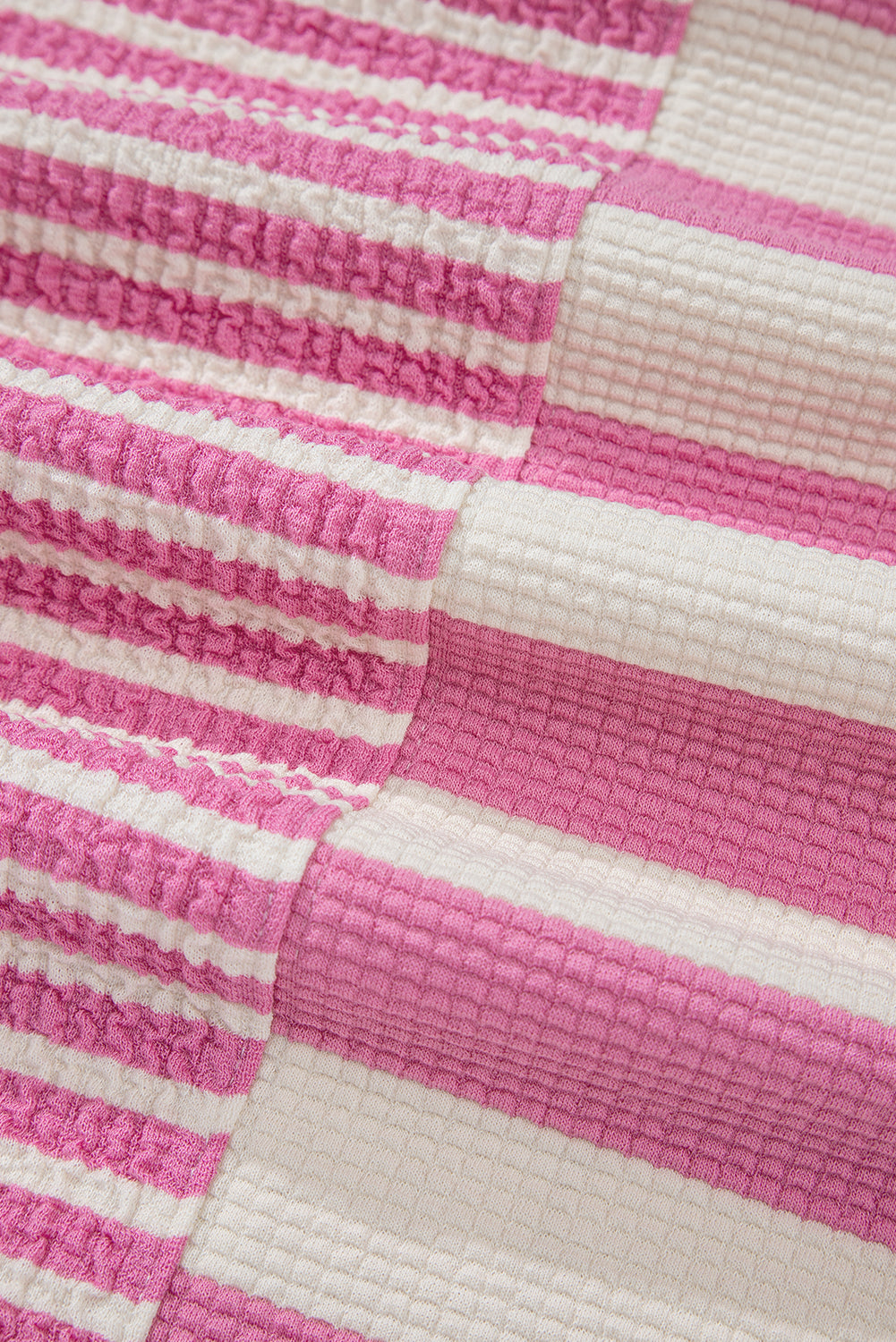 Pink Stripe Patchwork Textured Short Sleeve High Low Loose Top