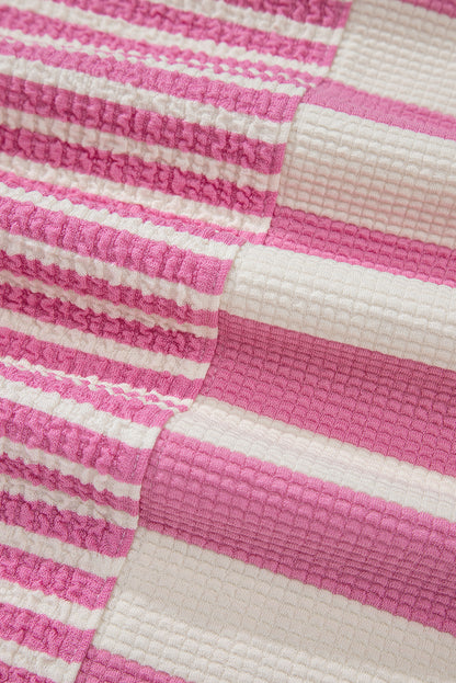 Pink Stripe Patchwork Textured Short Sleeve High Low Loose Top