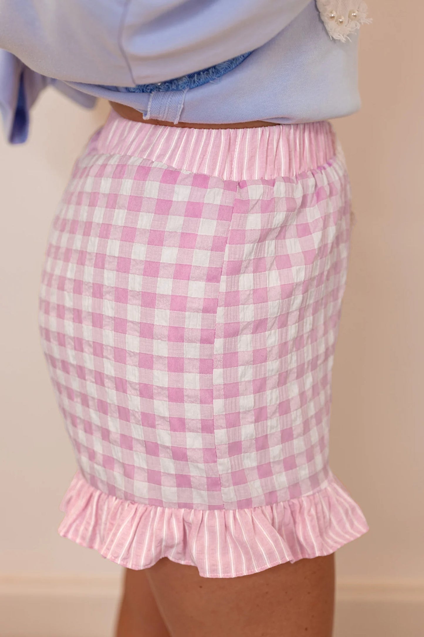 Pink Gingham Print Ruffle Striped Detail Lace Tie Shorts
