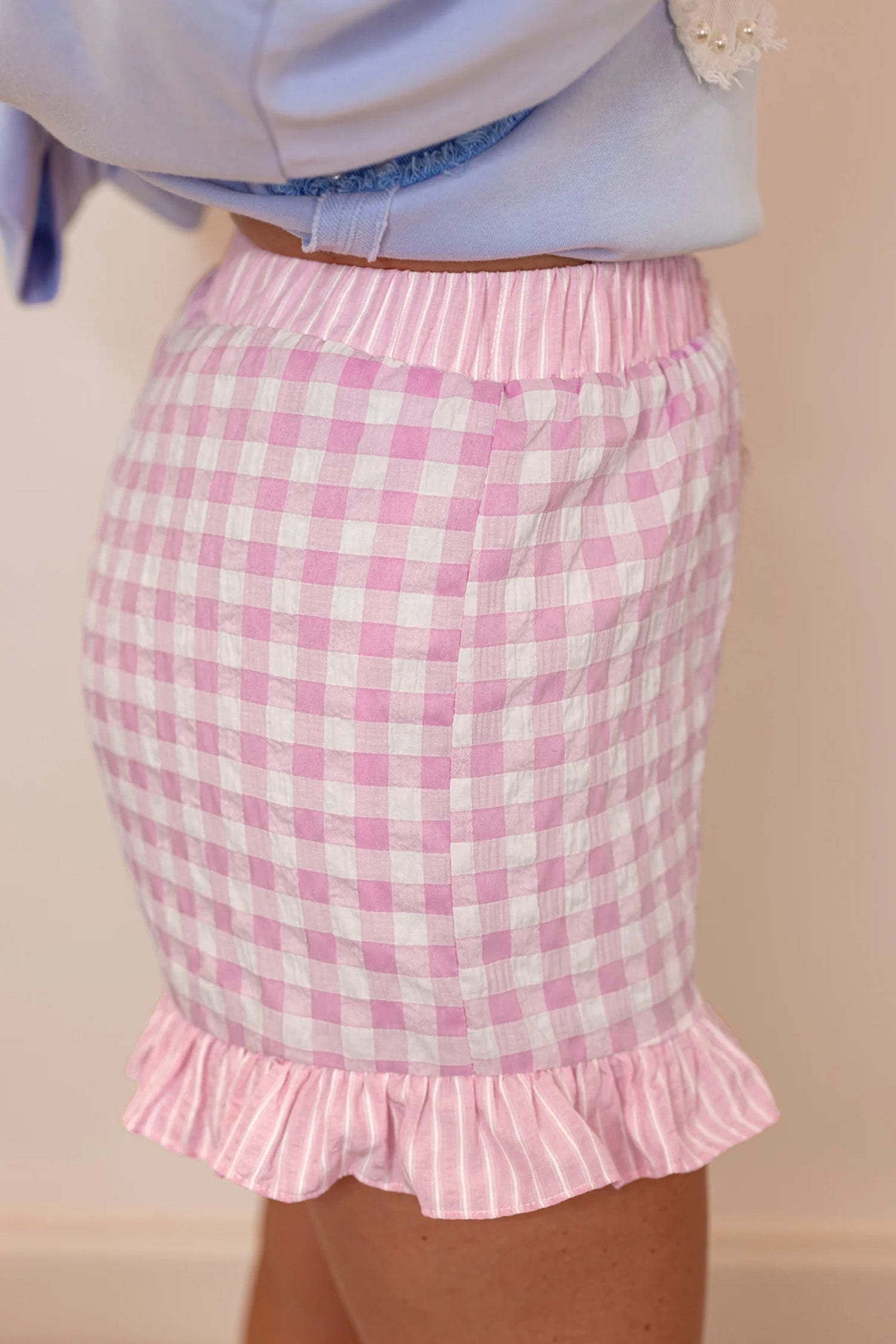 Pink Gingham Print Ruffle Striped Detail Lace Tie Shorts