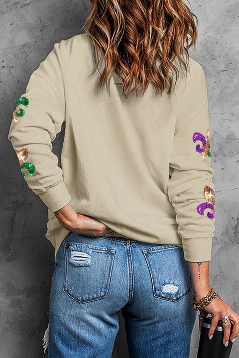 Khaki Sequin Mardi Gras Graphic Pullover Sweatshirt