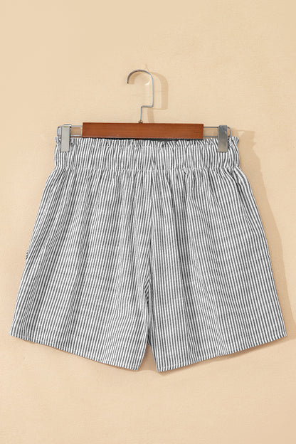 Gray Stripe Lace-up Elastic Waist Casual Pocketed Shorts