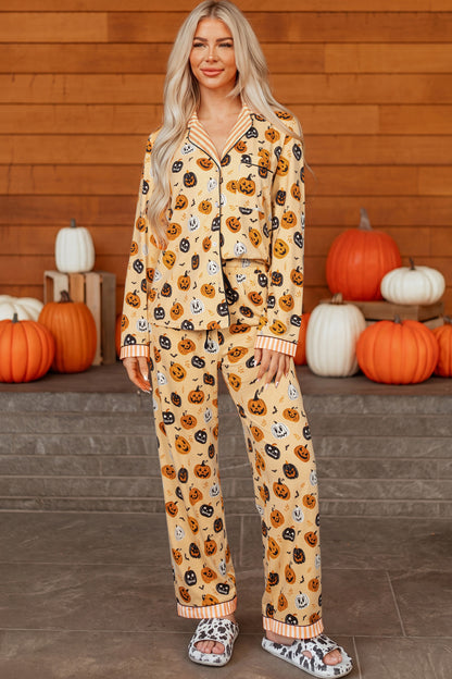 Orange Halloween Pumpkin Print Two Piece Long Sleeve Lounge Set