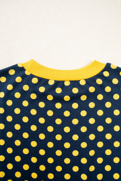 Blue Polka Dot Print Contrast Trim Round Neck Bracelet Sleeve Top