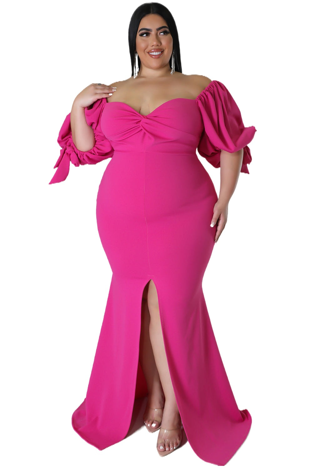 Bow Tie Puff Sleeve Plus Size High Slit Maxi Dress