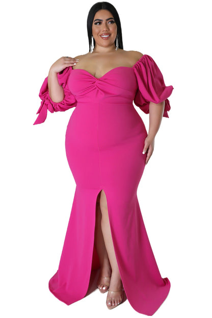 Bow Tie Puff Sleeve Plus Size High Slit Maxi Dress