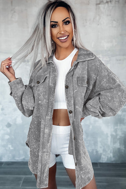 Khaki Vintage Distressed Mineral Wash Oversized Shacket