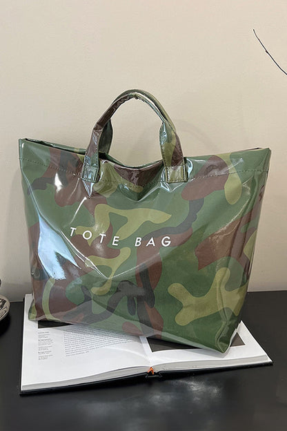 Jungle Green Camouflage Glossy PU Leather Tote Bag