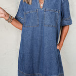 Blue Short Sleeve Collared Patched Pocket Denim Mini Dress