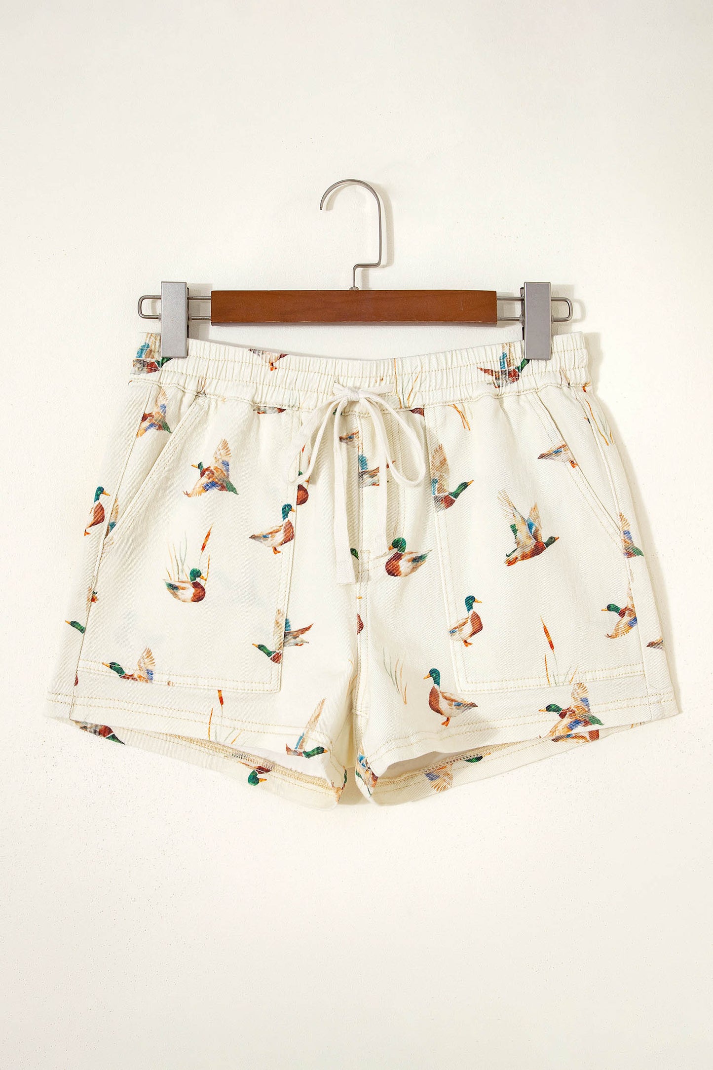 Beige Wild Duck Mallard Printed Drawstring Denim Shorts