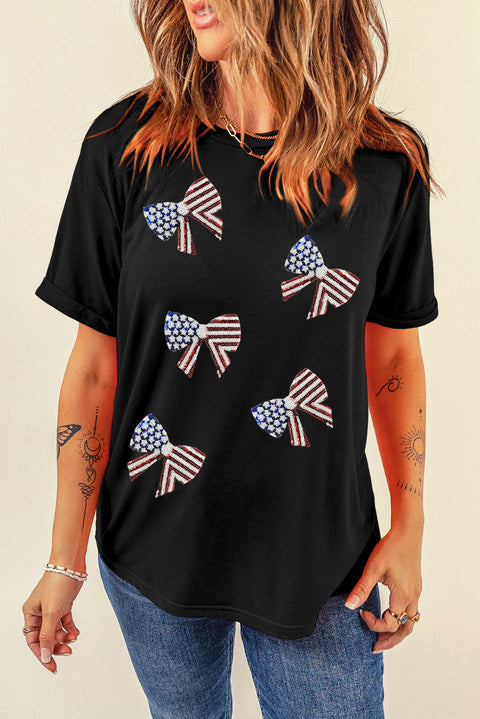 Black Sequined Flag Bowknot Graphic T Shirt