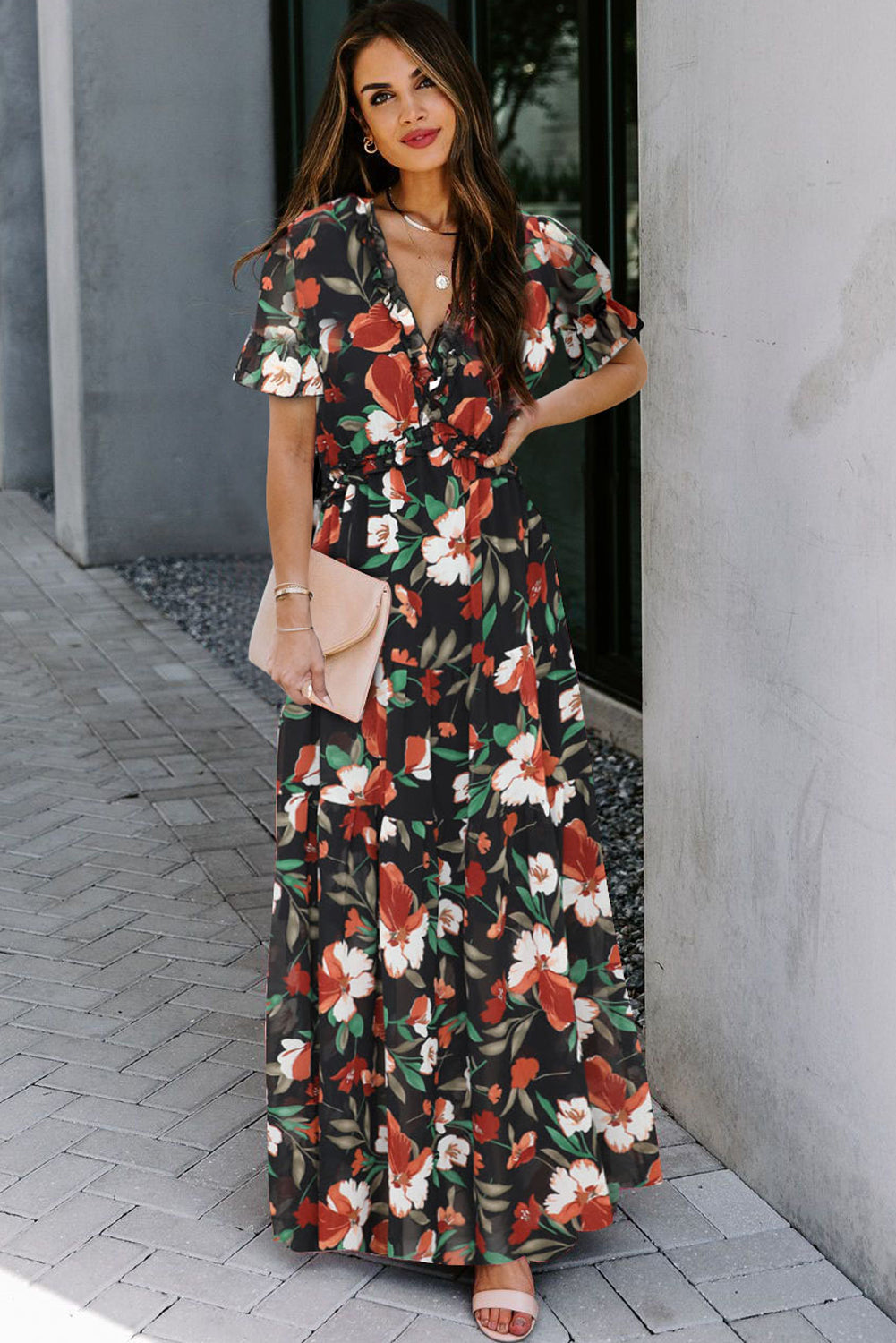 Black Fiery Floral Print Frilled V Neck Short Sleeve Maxi Dress