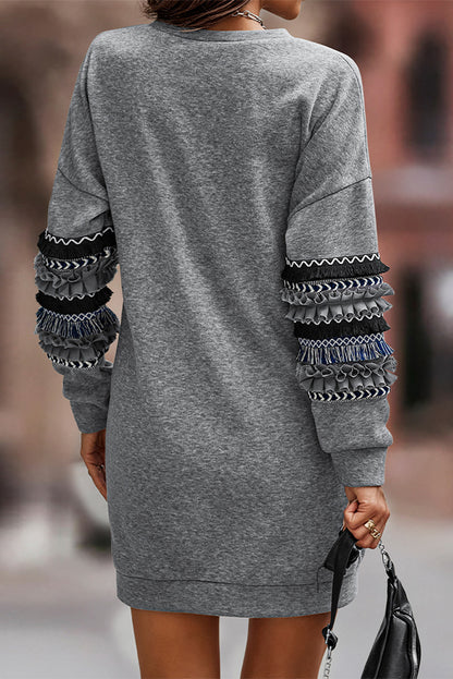 Dark Grey Printed Fringed Ruffled Accent Sweatshirt Dress