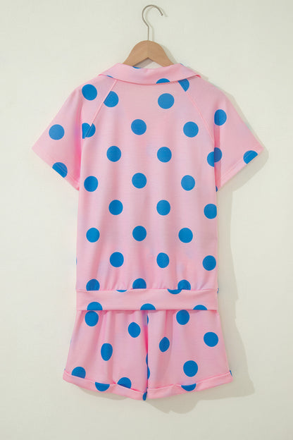 Green Polka Dot Print V Neck Tee Short Set