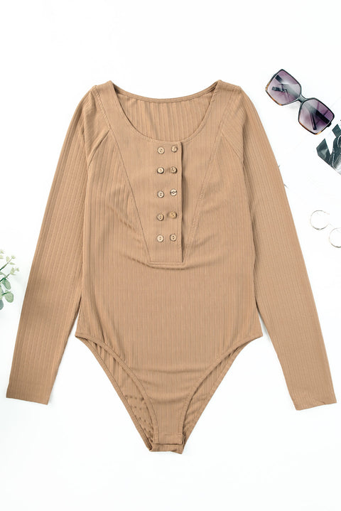Khaki Double Breasted Half Buttoned Long Sleeve Bodysuit
