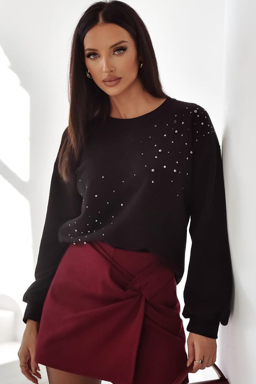 Black Rhinestone Embellished Drop Shoulder Ribbed Cuffs Sweatshirt
