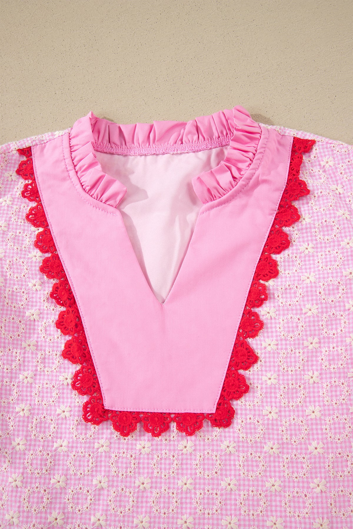 Pink Eyelet Embroidered Flower Texture Contrast Lace Trim Flutter Sleeve Blouse