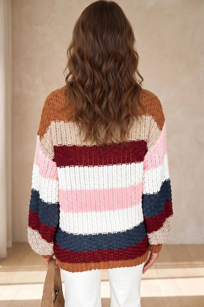 Multicolour Striped Knit Dropped Shoulder Round Neck Pullover Sweater