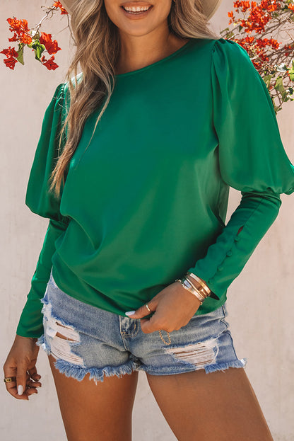 Satin Buttoned Cuffs Puff Sleeve Top