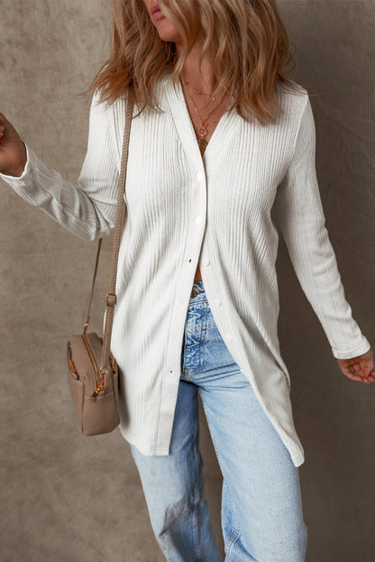 Cardigan tunique boutonné côtelé blanc uni
