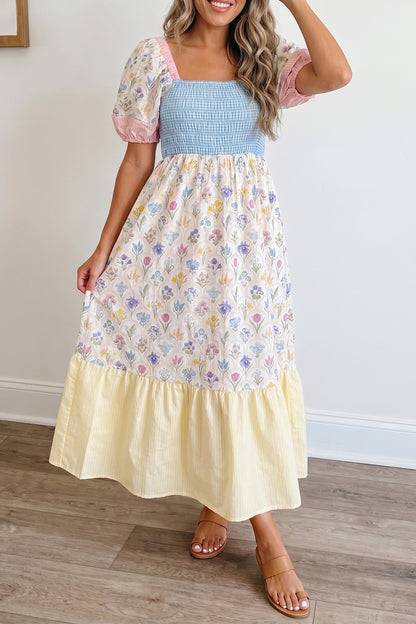Multicolour Floral Print Striped Color Block Patchwork Square Neck Shirred Long Dress
