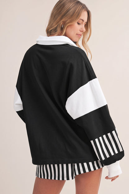 Black Striped Color Block Pullover Top Drawstring Shorts Set