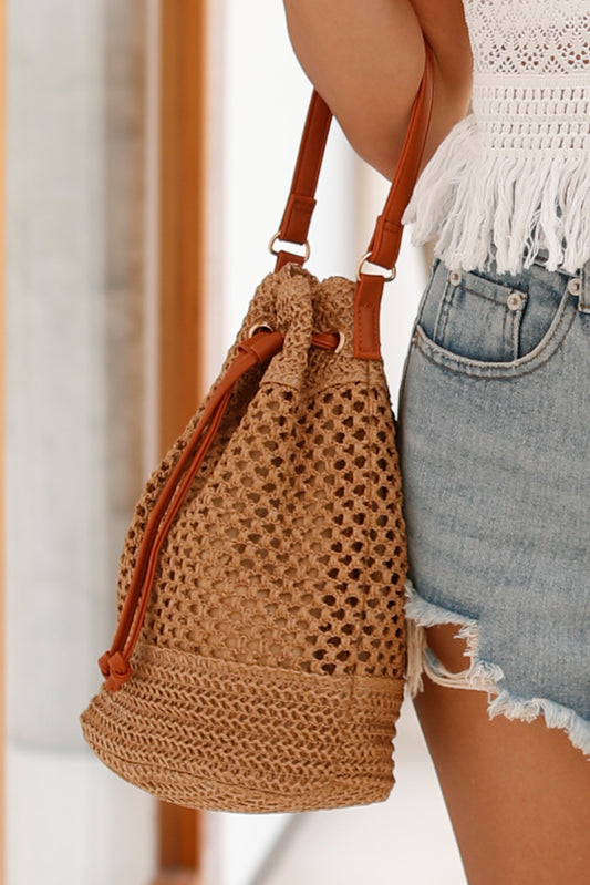 Camel Paper Rope Woven Large Capacity Bucket Bag