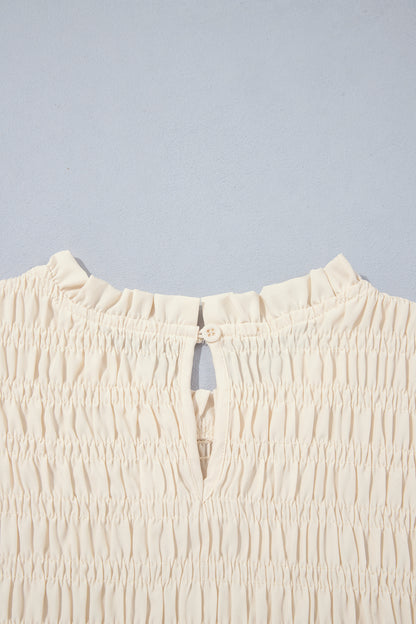 Jet Stream Solid Color Smocked Ruffle Hem Long Sleeve Blouse