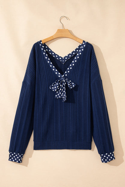 Dirty blue Polka Dot Trimmed V Neck Bow Tie Textured Ribbed Top