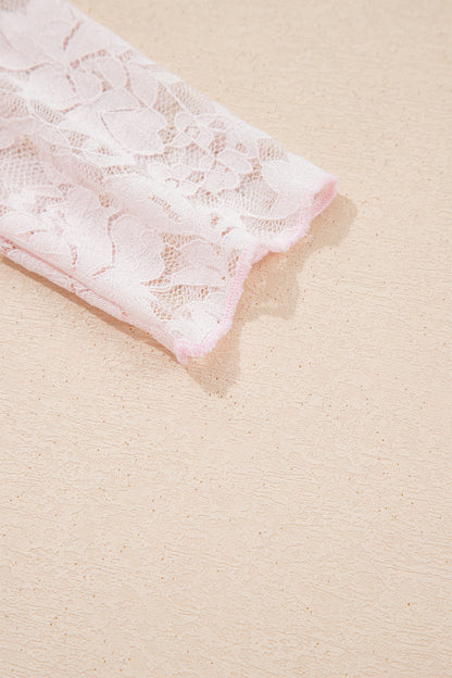 Light Pink Floral Lace Long Sleeve Stand Neck Pullover Top