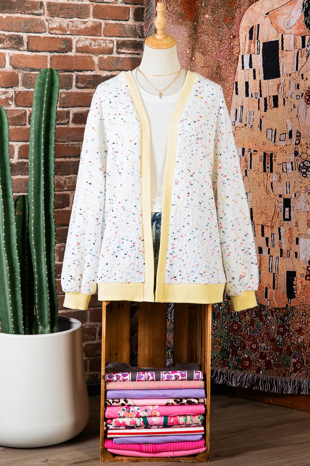 White Abstract Confetti Pattern Color Block Ribbed Cuffs Casual Cardigan