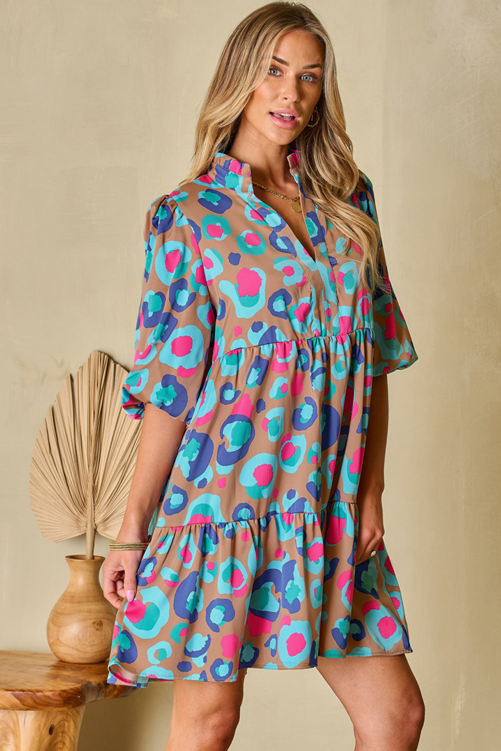 Green Leopard Print Bubble Sleeve Slit Neck Ruffled Dress - Sunny Angela Green / L Green Leopard Print Bubble Sleeve Slit Neck Ruffled Dress - Sunny Angela Green / L