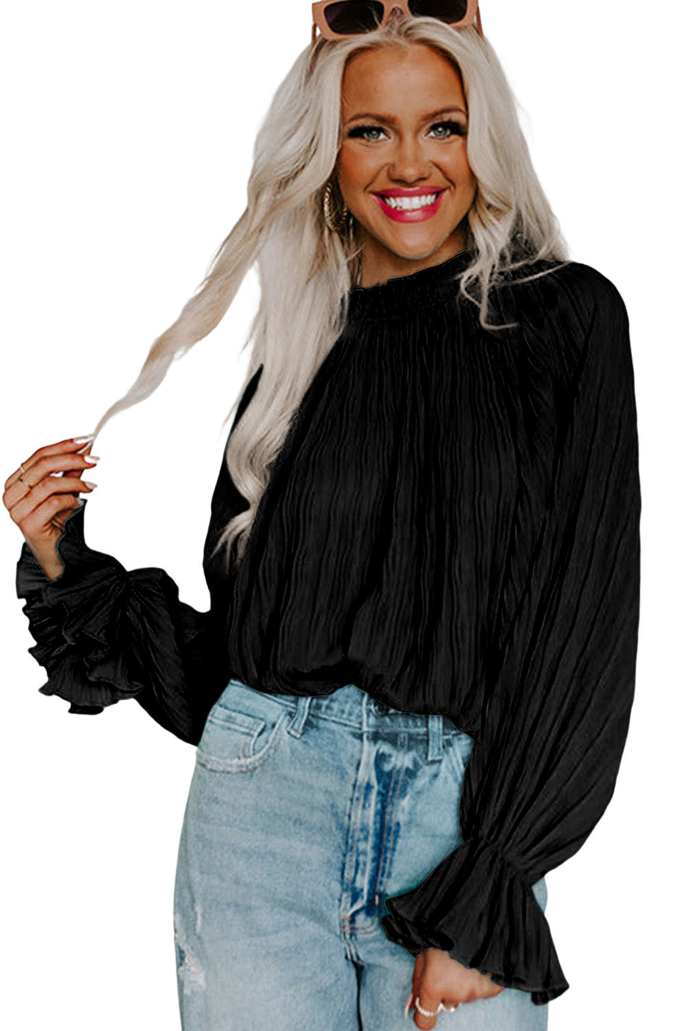 Blusa de manga larga con puños acampanados plisados ​​llamativos verde 