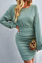 Green Long Sleeve Textured Knit Bodycon Dress