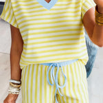 Yellow Stripe Colorblock Trim V Neck Tee Drawstring Elastic Waist Short Set