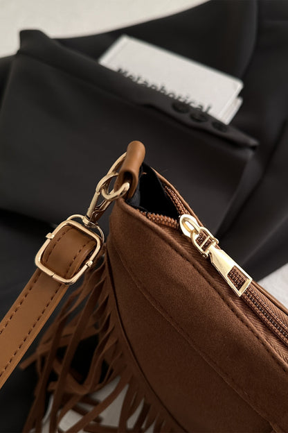 Coffee Faux Suede Boho Fringe Hobo Shoulder Bag