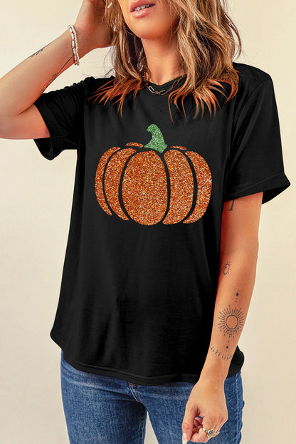 T-shirt d'Halloween noir scintillant avec motif citrouille