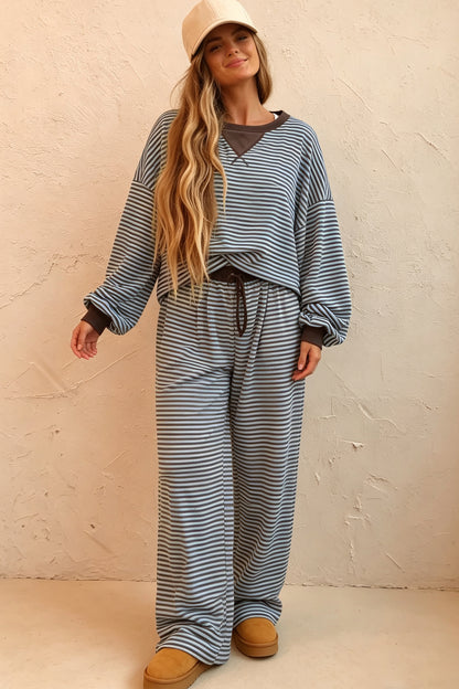 Brown Stripe Drop Shoulder Loose Top and Pants Two Piece Set