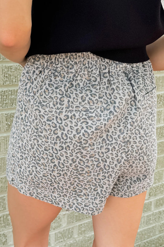 Gray Leopard Print Wrap Front Denim Shorts