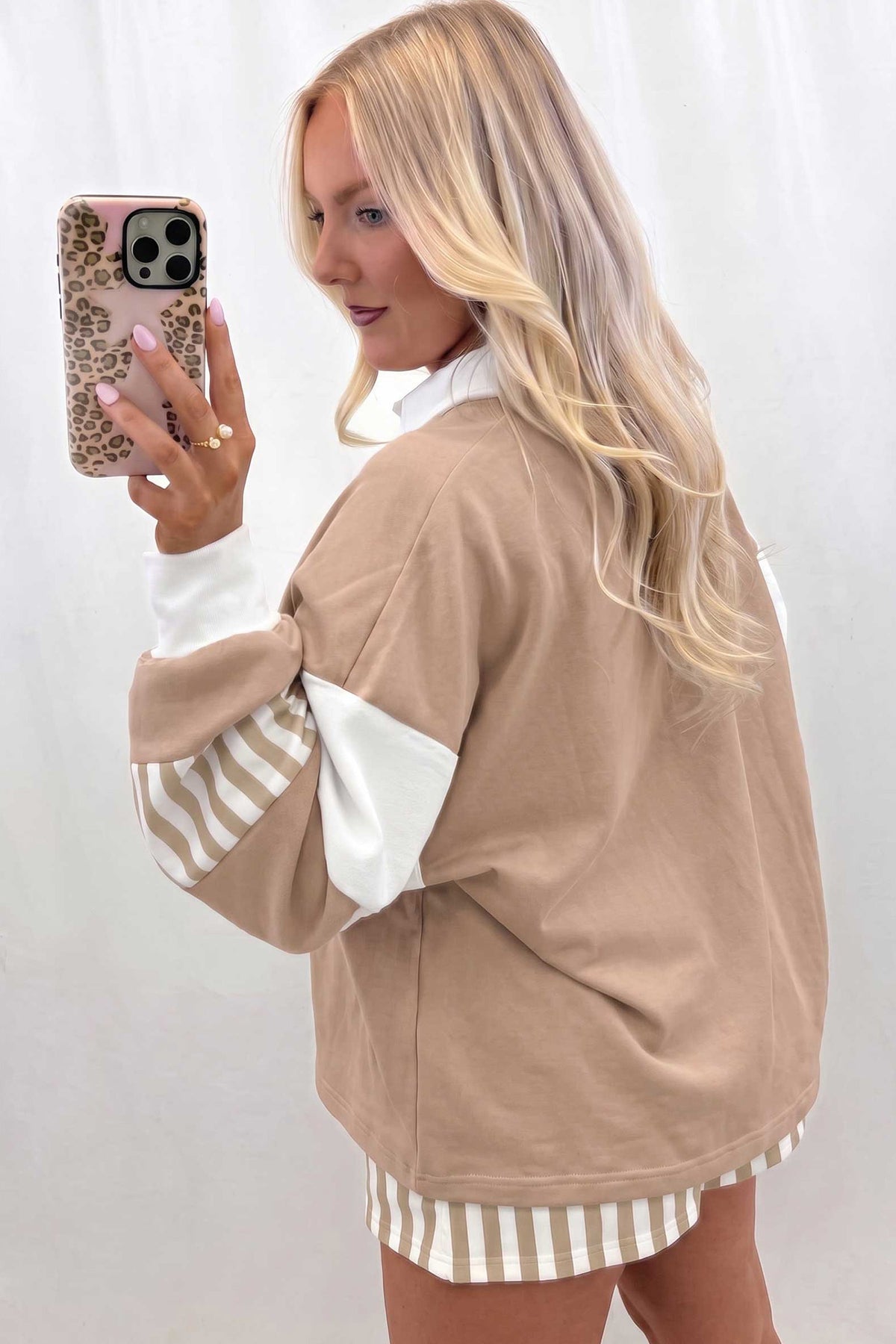 Smoke Gray Striped Color Block Pullover Top Drawstring Shorts Set