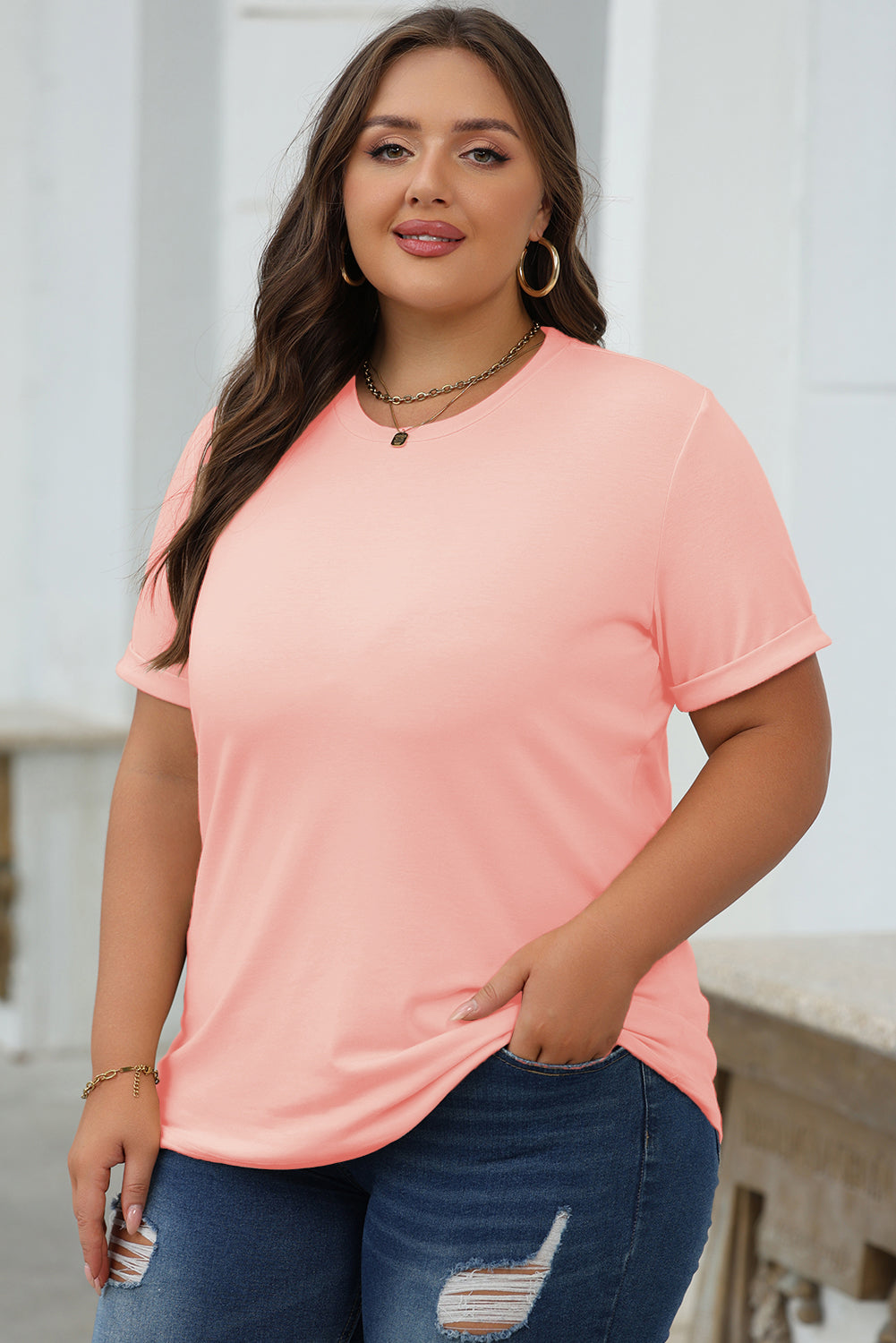 Pink Casual Plain Crew Neck Tee