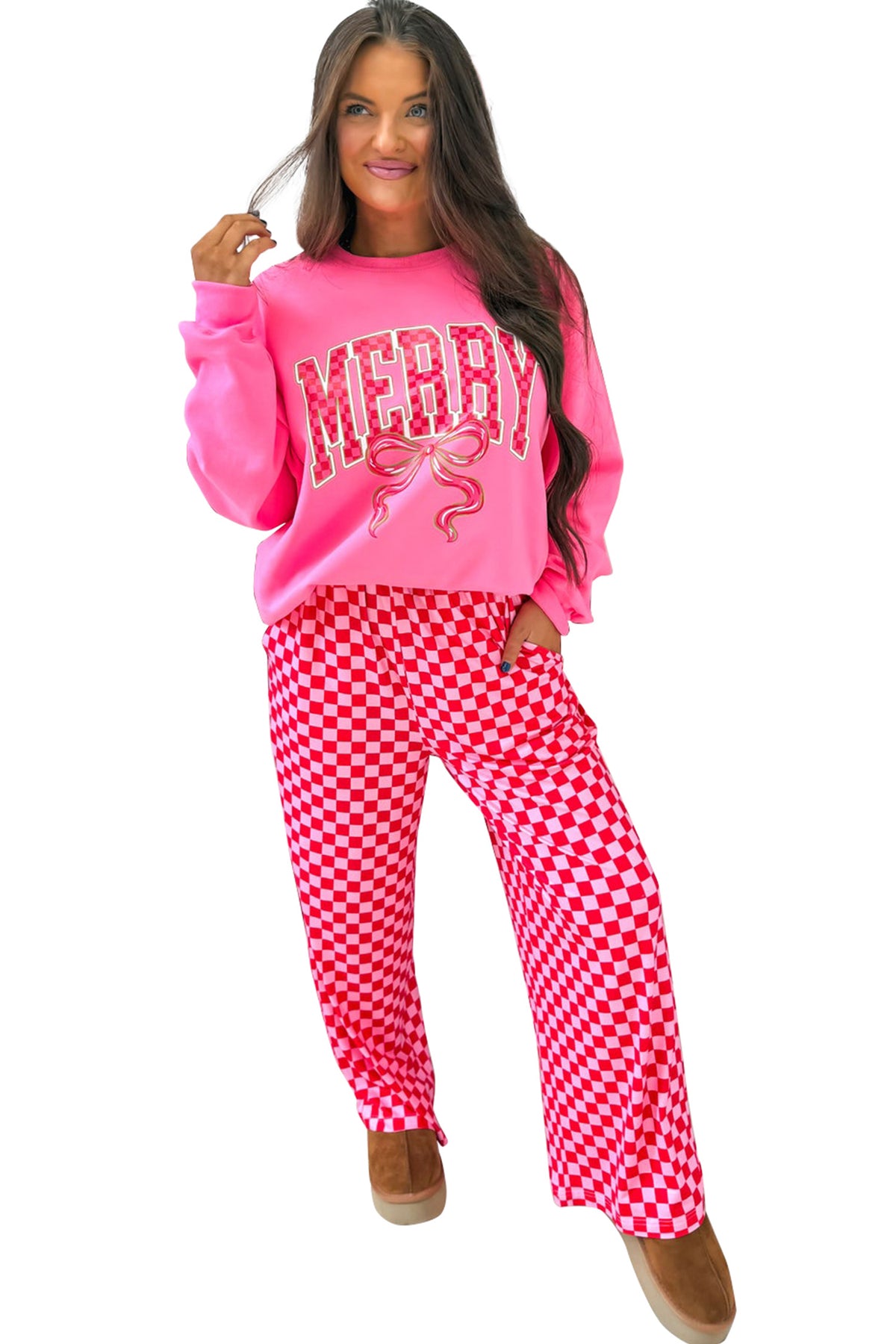 Pink Christmas Slogan Graphic Plaid Contrast Two-piece Pant Set