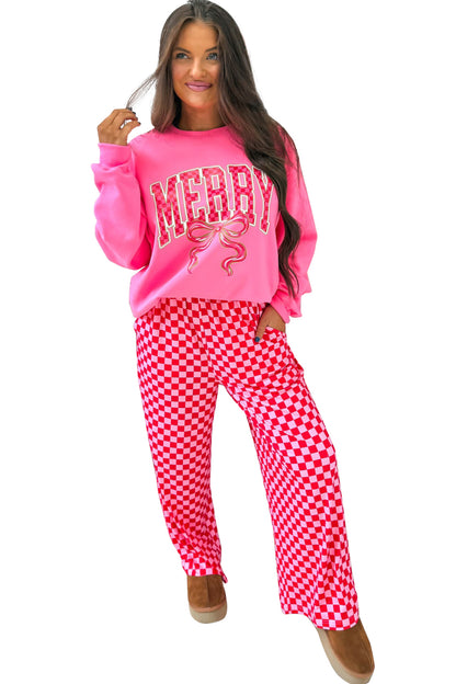Pink Christmas Slogan Graphic Plaid Contrast Two-piece Pant Set