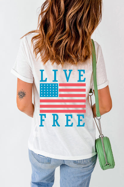 T-shirt graphique avec drapeau américain à dos blanc LIVE FREE