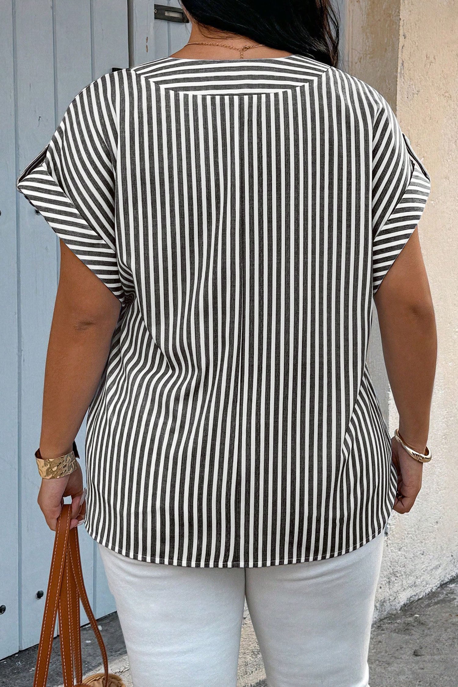 Black Stripe Plus Size V Neck Roll-tab Short Dolman Sleeve Blouse